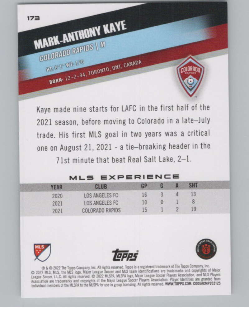 2022 Topps MLS Soccer #173 Mark-Anthony Kaye Colorado Rapids V97899 Image 2