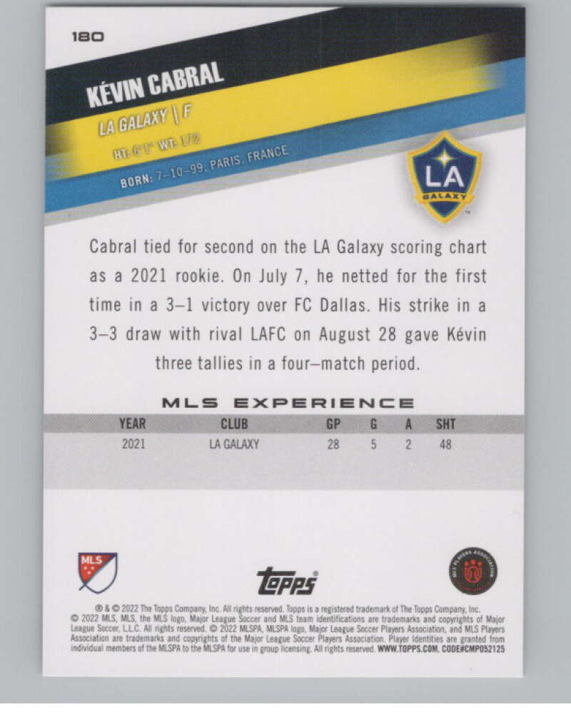 2022 Topps MLS Soccer #180 Kevin Cabral RC Rookie Los Angeles V97915 Image 2