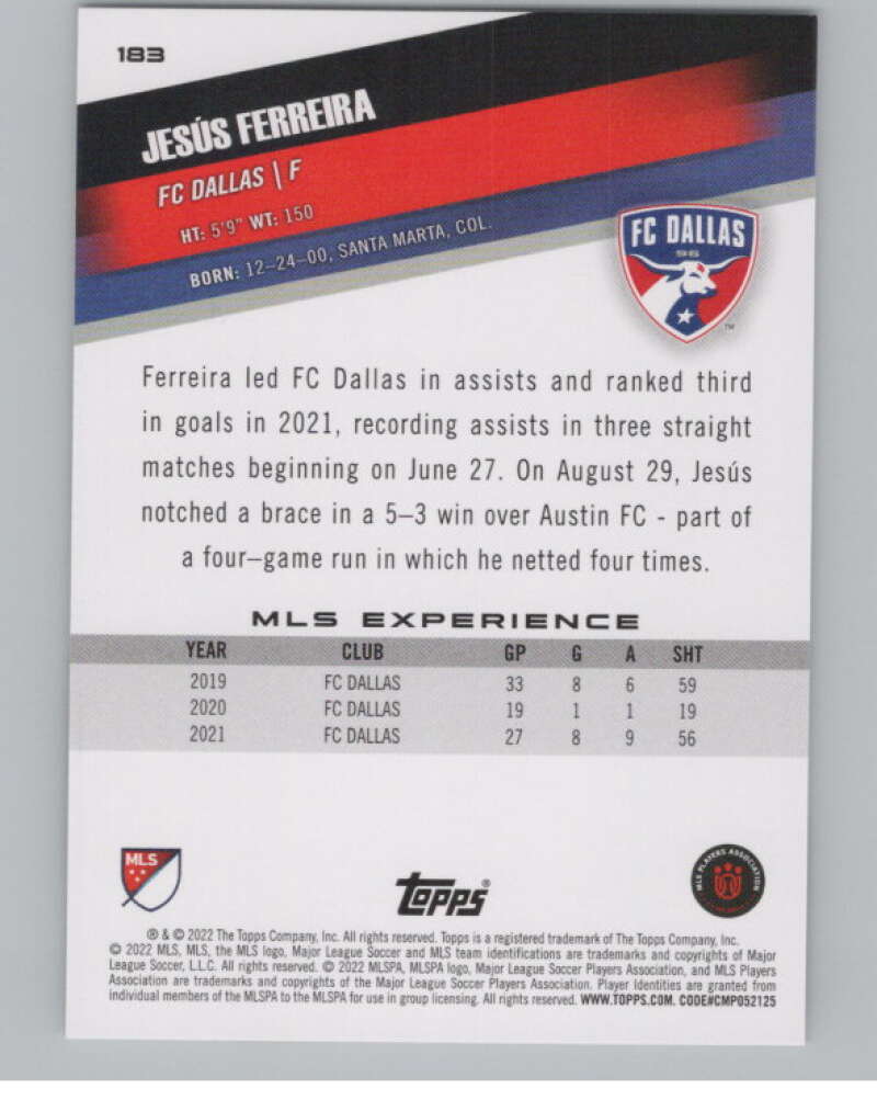 2022 Topps MLS Soccer #183 Jesus Ferreira FC Dallas V97922 Image 2