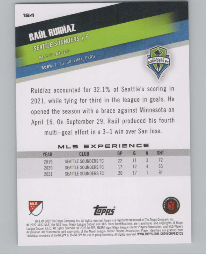 2022 Topps MLS Soccer #184 Raul Ruidiaz Seattle Sounders V97926 Image 2