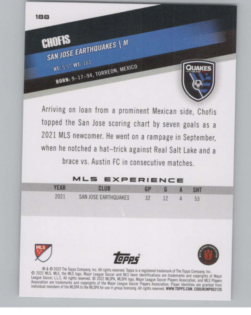 2022 Topps MLS Soccer #188 Chofis San Jose Earthquakes V97935 Image 2