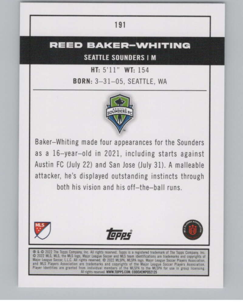2022 Topps MLS Soccer #191 Reed Baker-Whiting RC Rookie Seattle V97942 Image 2