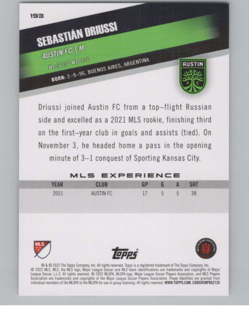 2022 Topps MLS Soccer #193 Sebastian Driussi Austin FC V97948 Image 2