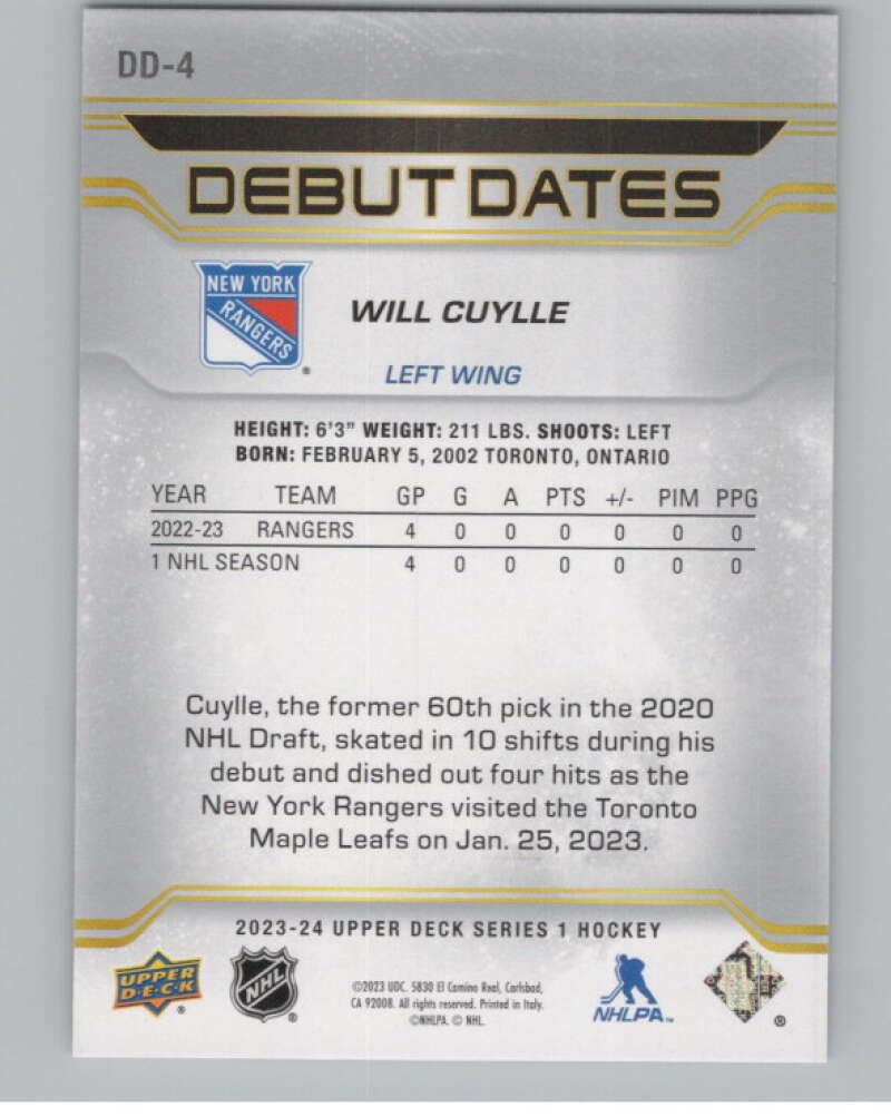 2023-24 Upper Deck Debut Dates #DD-4 Will Cuylle V98035 Image 2