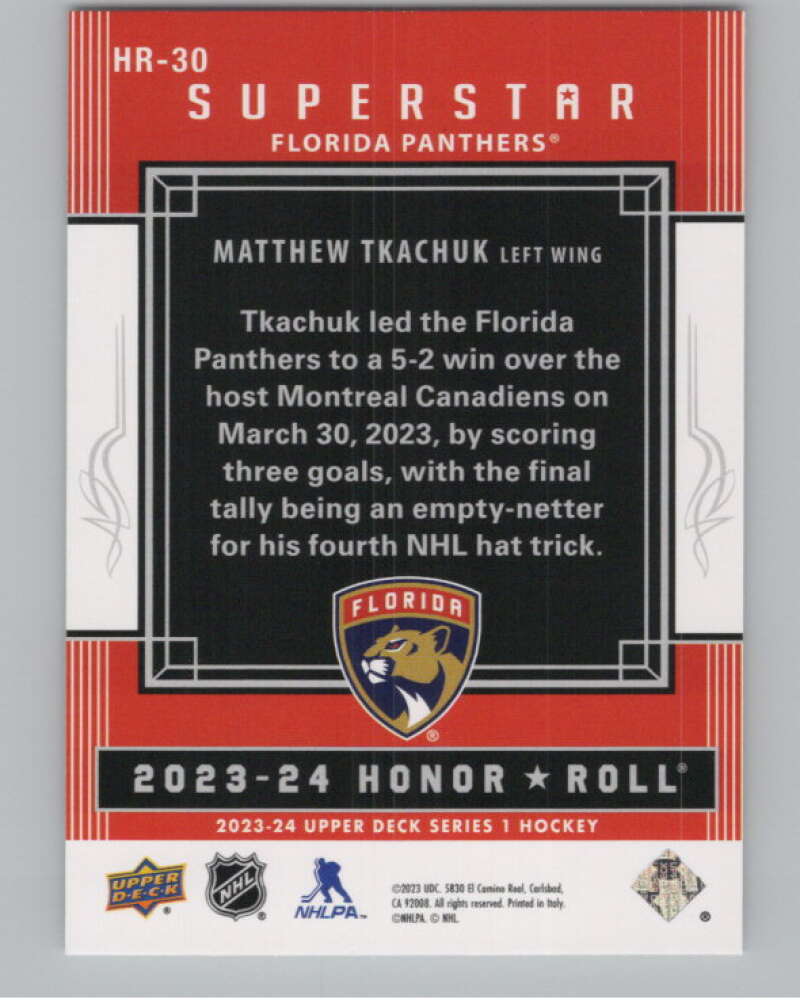 2023-24 Upper Deck Honor Roll #HR-30 Matthew Tkachuk Florida V98054 Image 2
