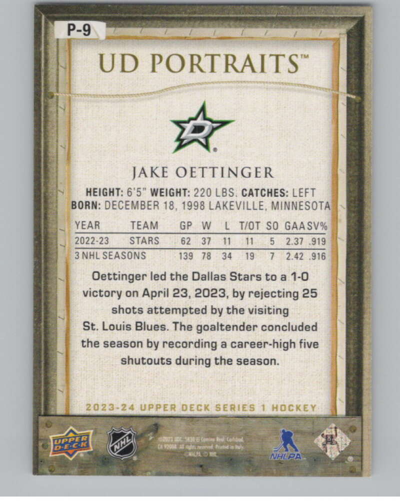 2023-24 Upper Deck UD Portraits #P-9 Jake Oettinger V98058 Image 2