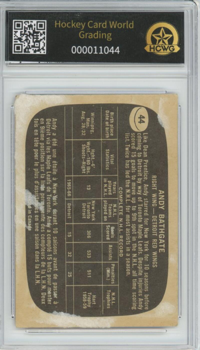1966-67 Topps #44 Andy Bathgate Hockey Card Vintage Graded HCWG 1 Image 2