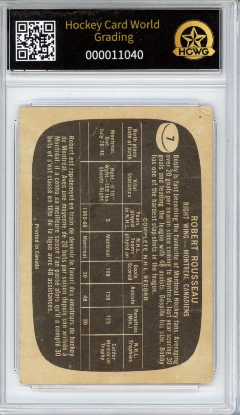 1966-67 Topps #7 Robert Rousseau Hockey Card Vintage Graded HCWG 1 Image 2