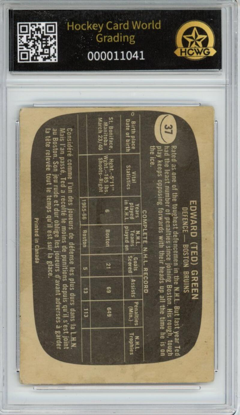 1966-67 Topps #37 Ted Green Hockey Card Vintage Graded HCWG 1 Image 2