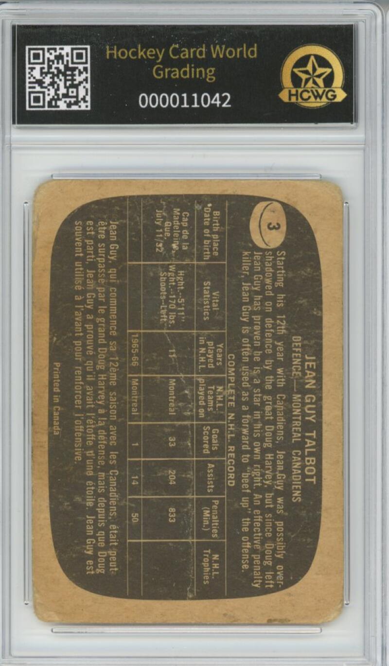 1966-67 Topps #3 Jean Guy Talbot Hockey Card Vintage Graded HCWG 1 Image 2