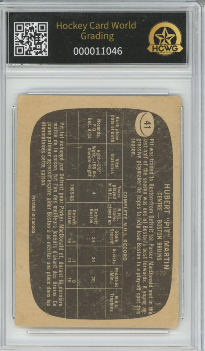 1966-67 Topps #41 Pit Martin Hockey Card Vintage Graded HCWG 2 Image 2
