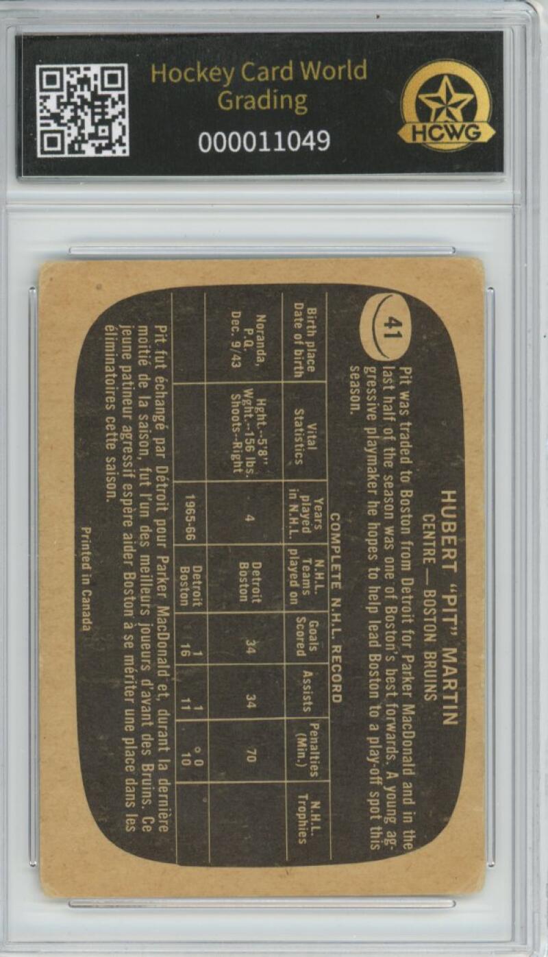 1966-67 Topps #41 Pit Martin Hockey Card Vintage Graded HCWG 2 - 11049 Image 2