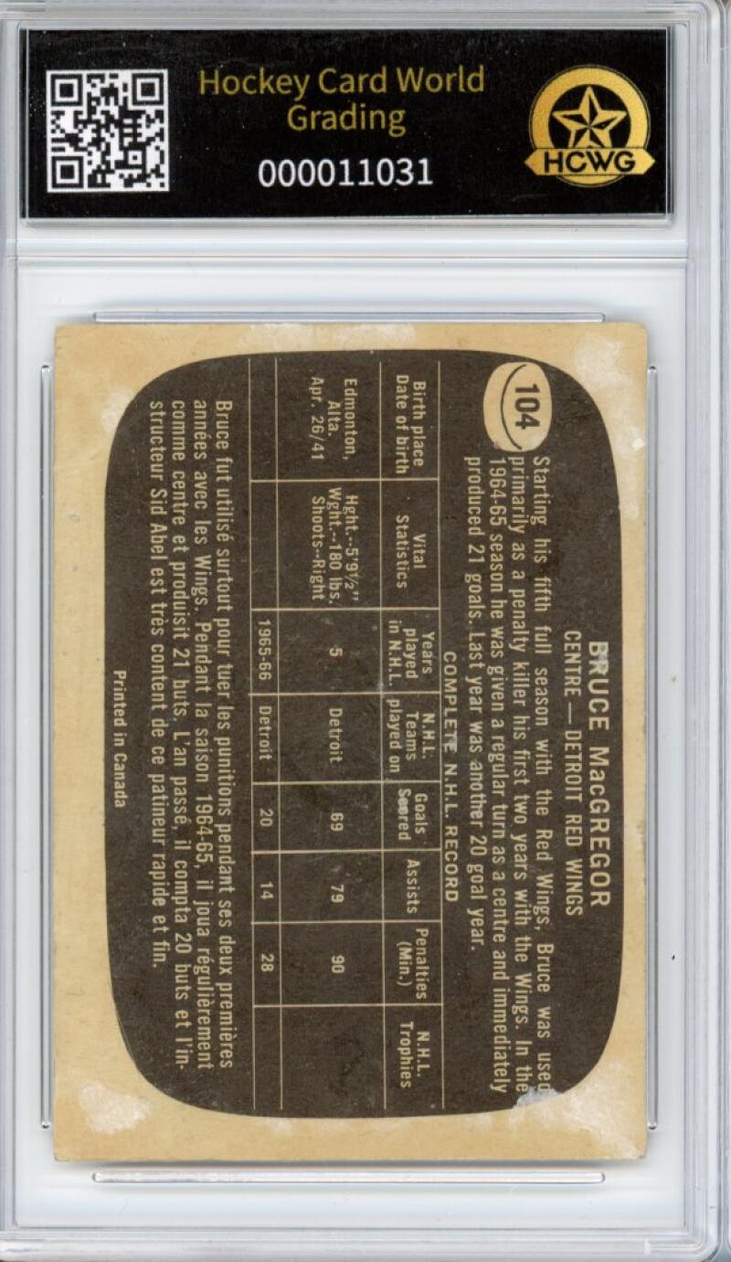 1966-67 Topps #104 Bruce MacGregor Hockey Card Vintage Graded HCWG 1 Image 2