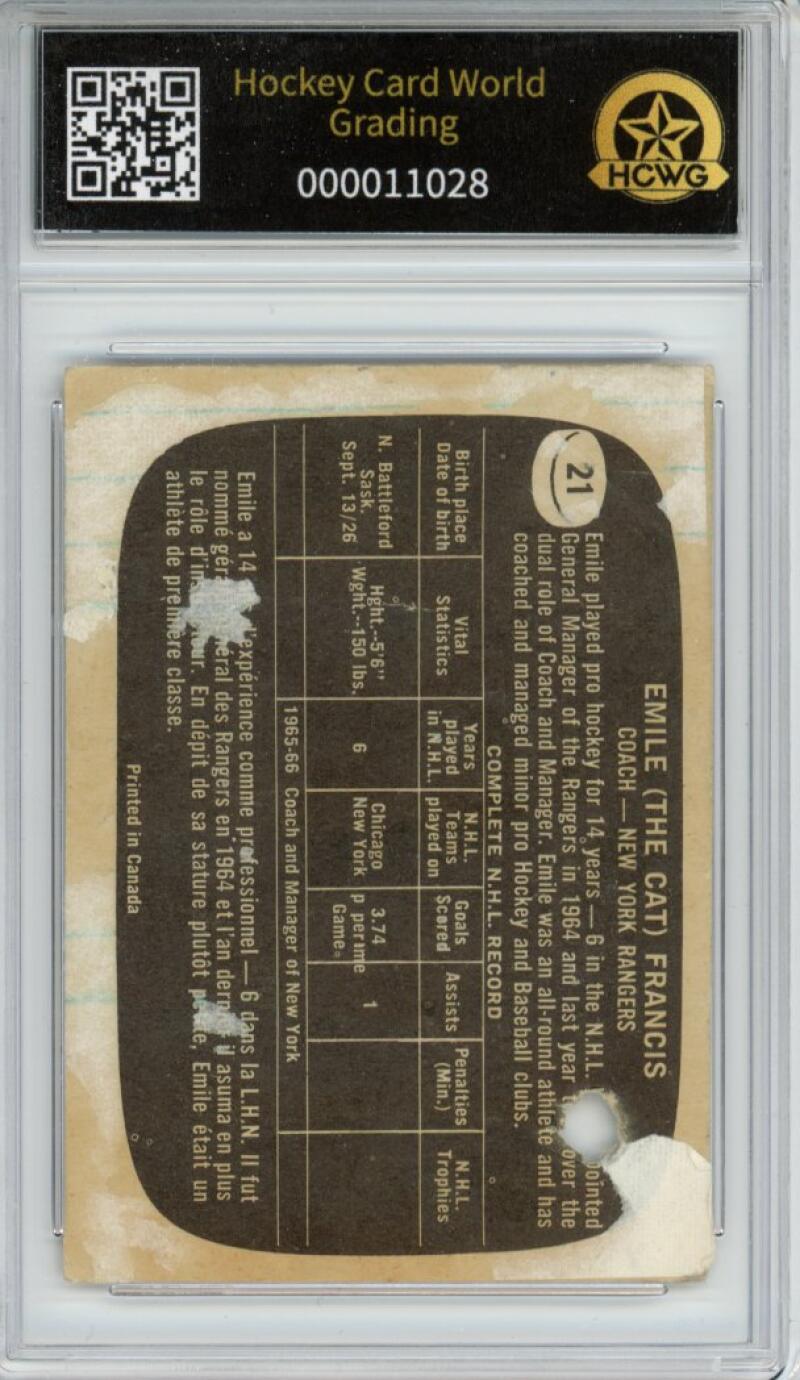 1966-67 Topps #21 Emile Francis Rookie Hockey Card Vintage Graded HCWG 1 Image 2