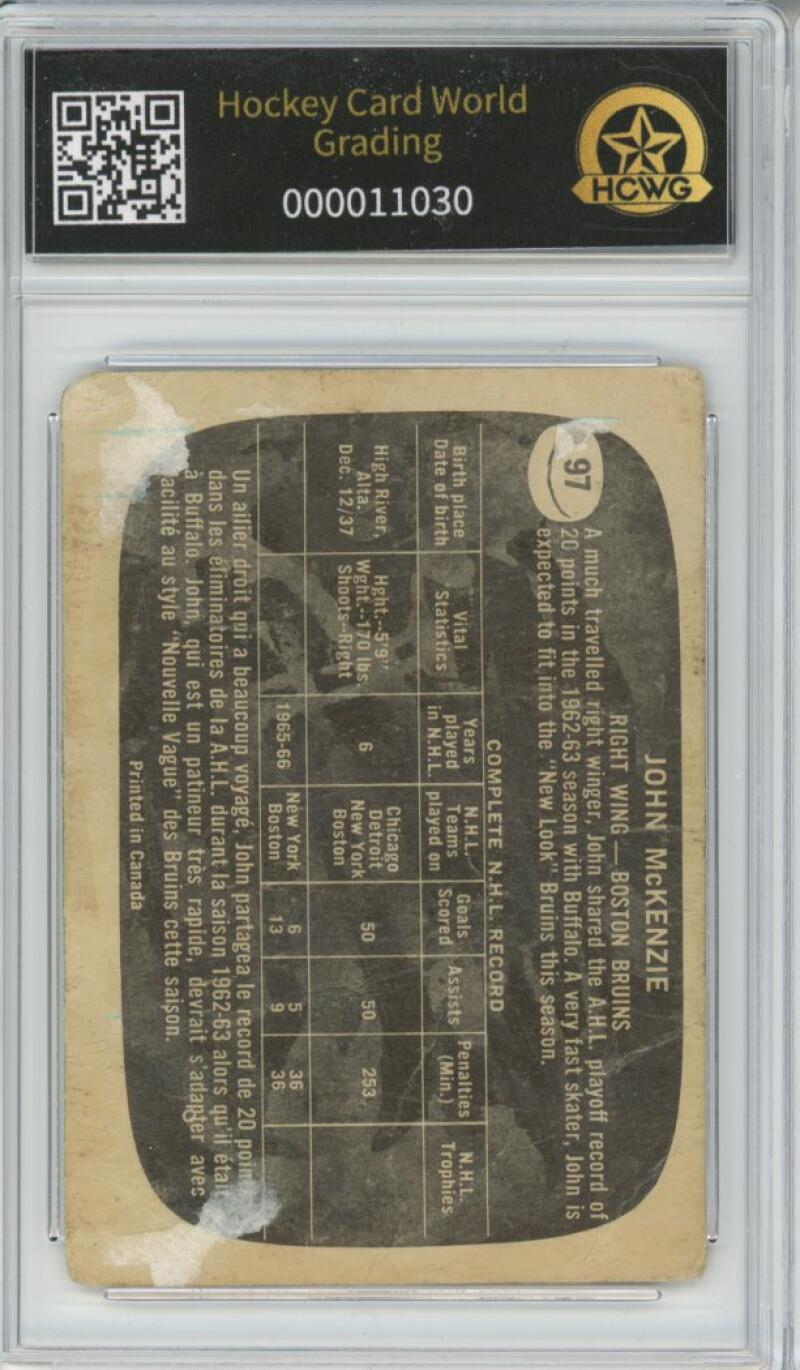 1966-67 Topps #97 John McKenzie Hockey Card Vintage Graded HCWG 1 Image 2