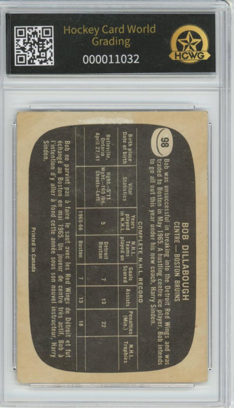 1966-67 Topps #98 Bob Dillabough Hockey Card Vintage Graded HCWG 2 Image 2