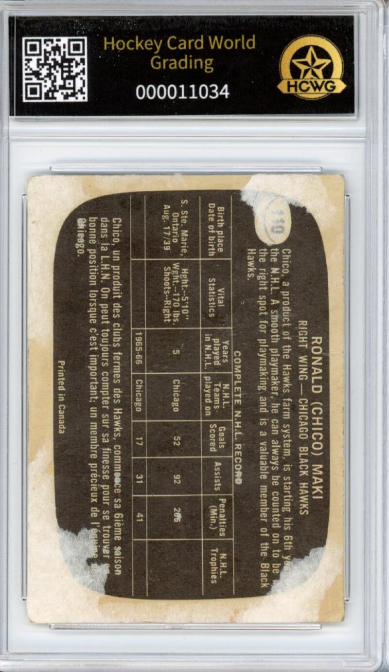 1966-67 Topps #110 Chico Maki Hockey Card Vintage Graded HCWG 1 Image 2