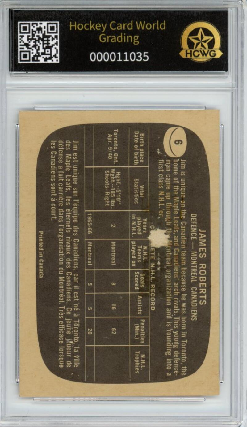 1966-67 Topps #6 James Roberts Hockey Card Vintage Graded HCWG 2 Image 2