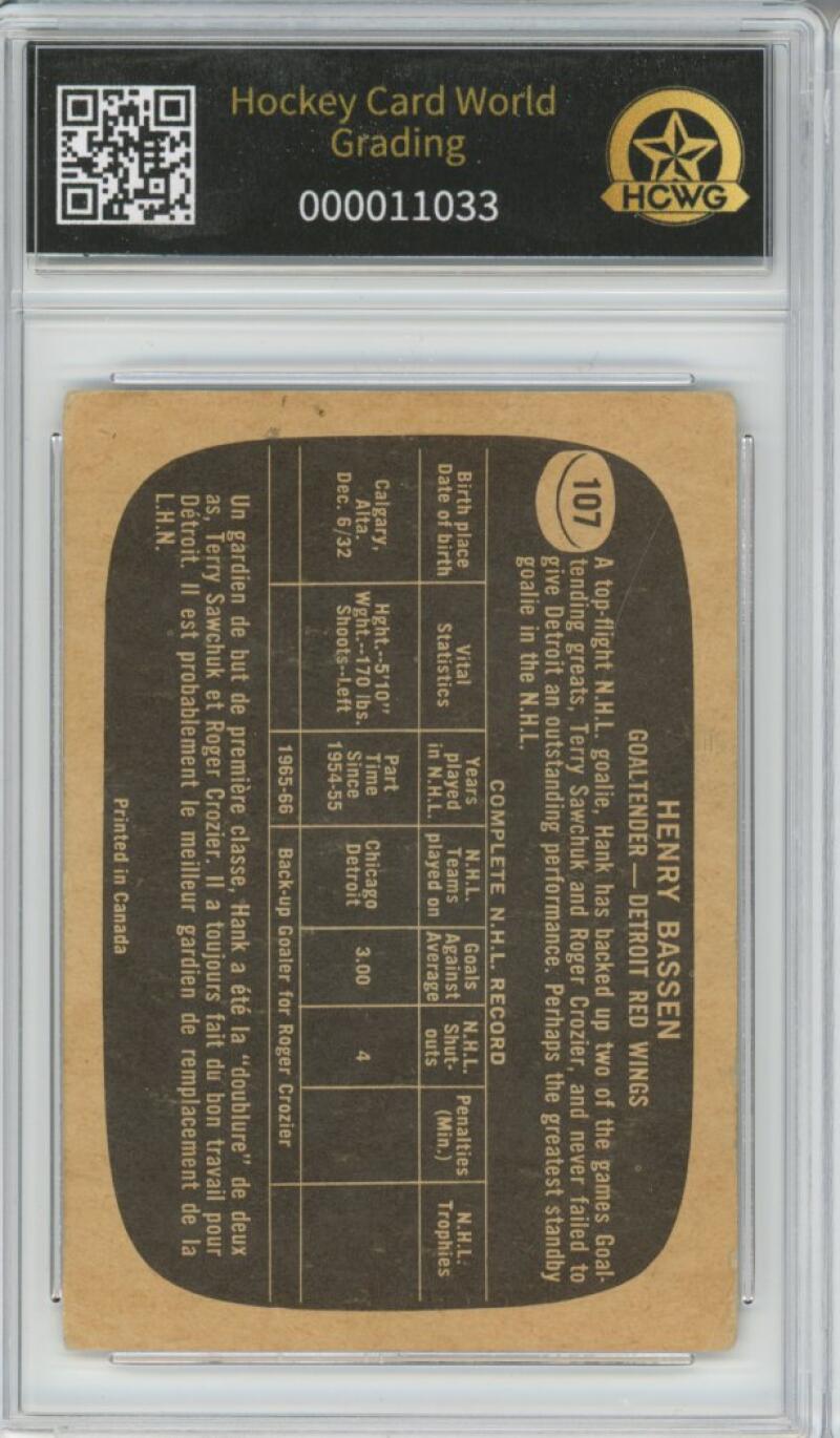 1966-67 Topps #107 Henry Bassen Hockey Card Vintage Graded HCWG 2 Image 2