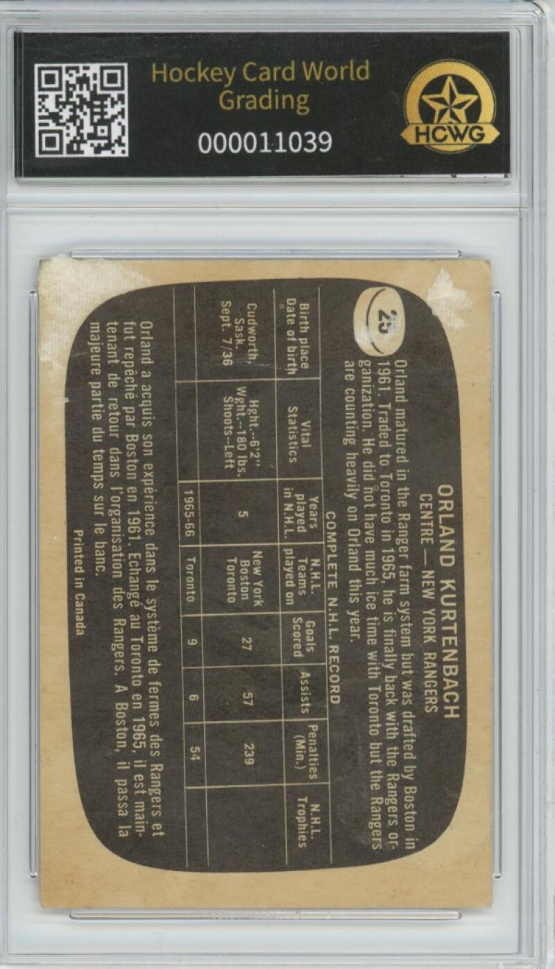 1966-67 Topps #25 Orland Kurtenbach Hockey Card Vintage Graded HCWG 1 Image 2