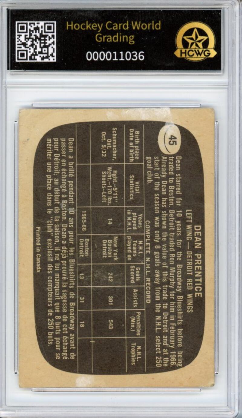 1966-67 Topps #45 Dean Prentice Hockey Card Vintage Graded HCWG 1 Image 2