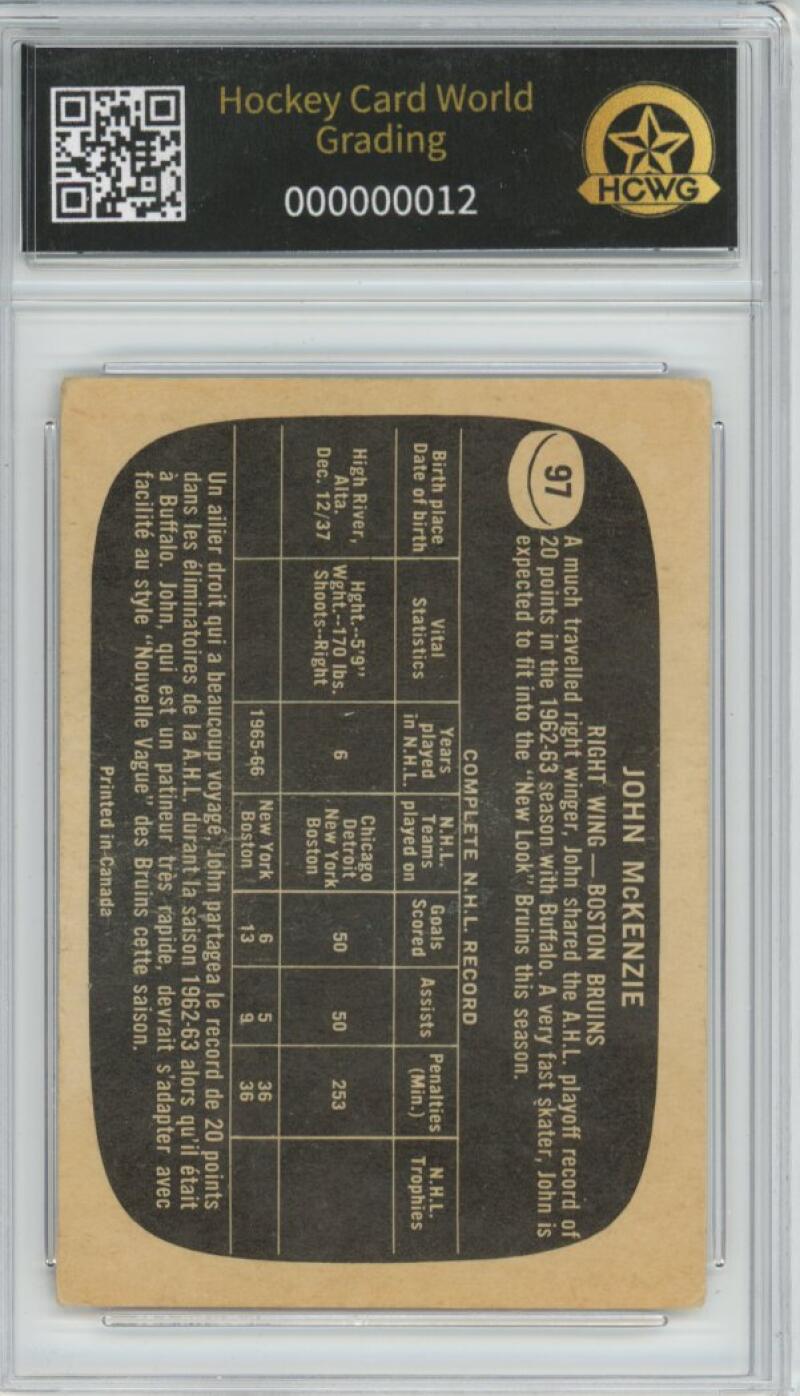1966-67 Topps #97 John McKenzie Hockey Card Vintage Graded HCWG 2 Image 2