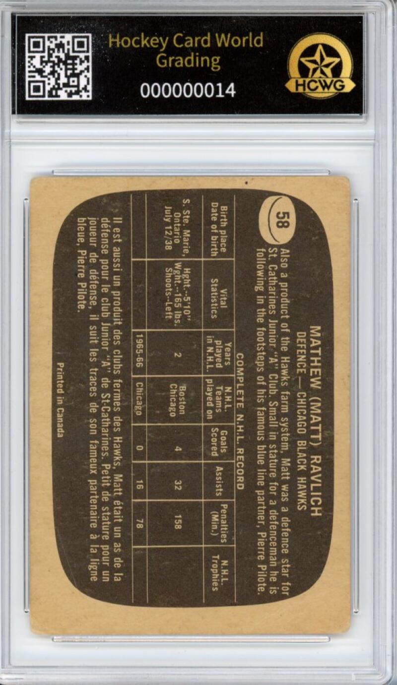 1966-67 Topps #58 Matt Ravlich Hockey Card Vintage Graded HCWG 2 Image 2