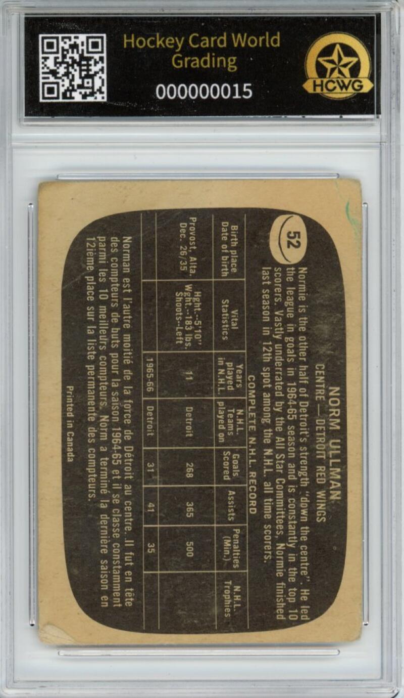 1966-67 Topps #52 Norm Ullman Hockey Card Vintage Graded HCWG 2 Image 2