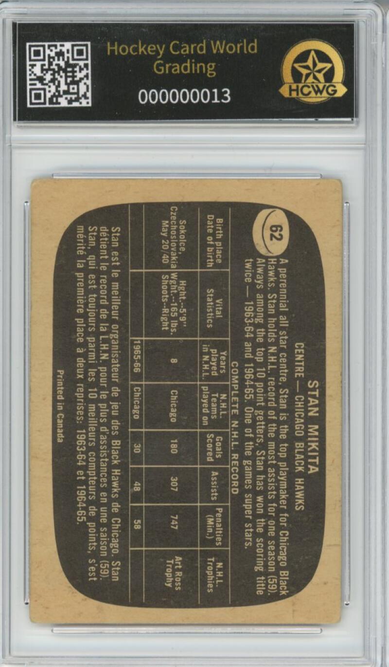 1966-67 Topps #62 Stan Mikita Hockey Card Vintage Graded HCWG 2 Image 2