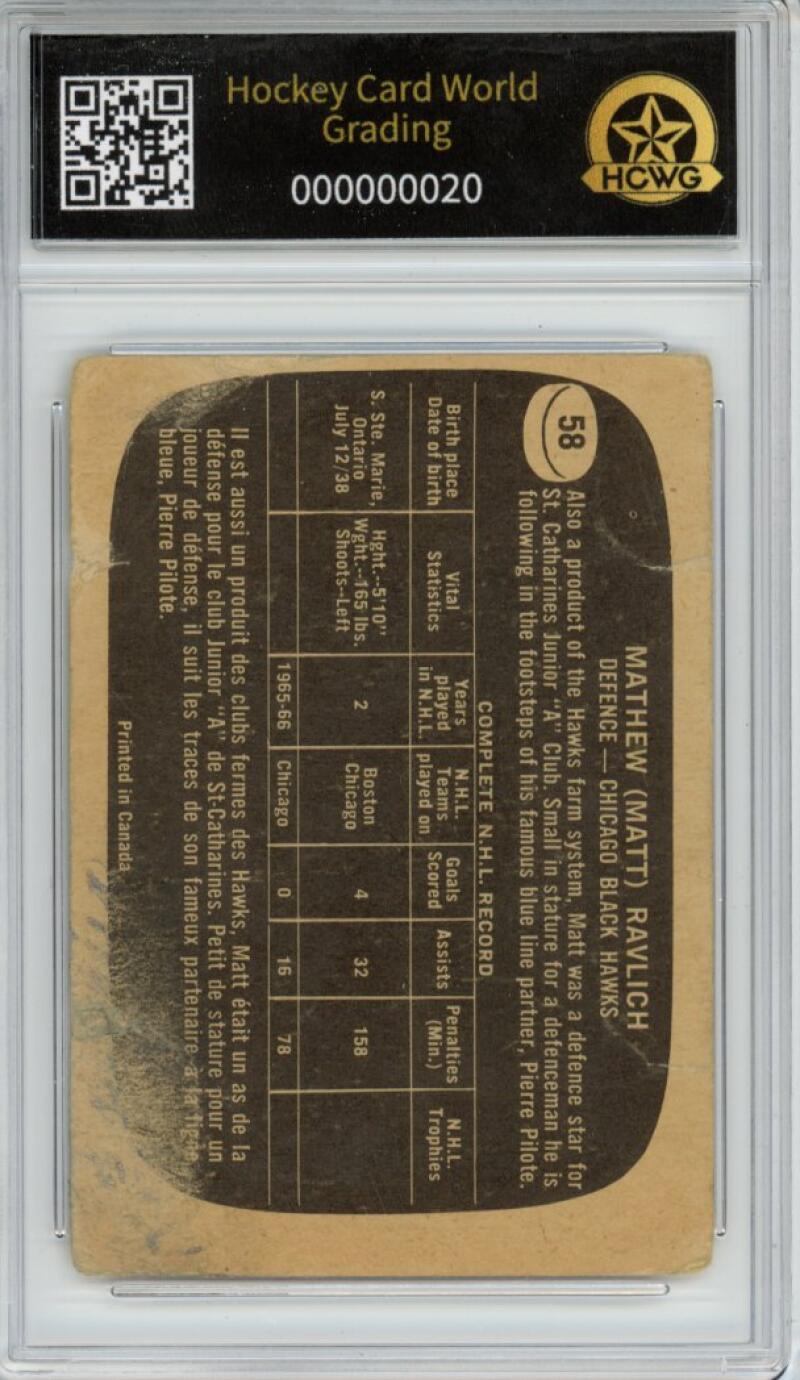 1966-67 Topps #58 Matt Ravlich Hockey Card Vintage Graded HCWG 1 Image 2