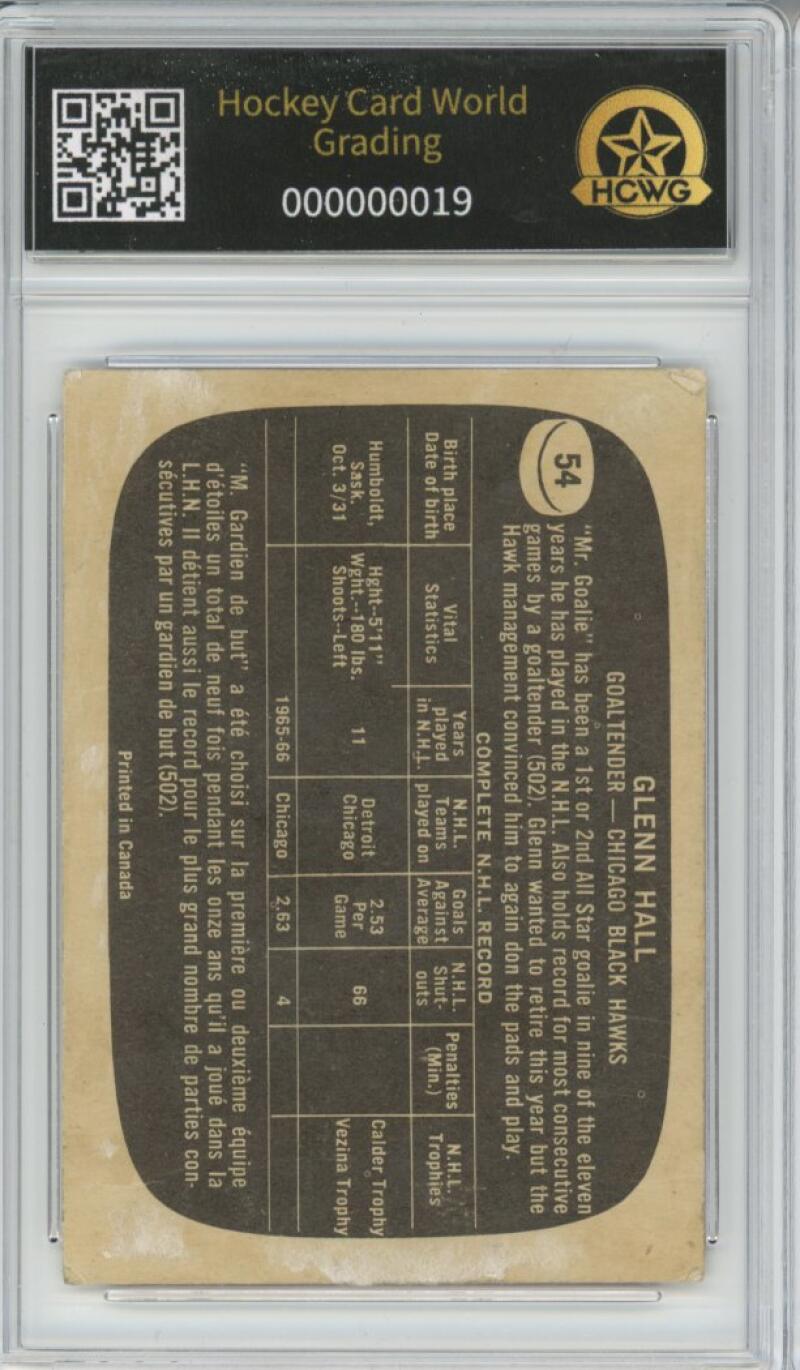 1966-67 Topps #54 Glenn Hall Hockey Card Vintage Graded HCWG 1 Image 2