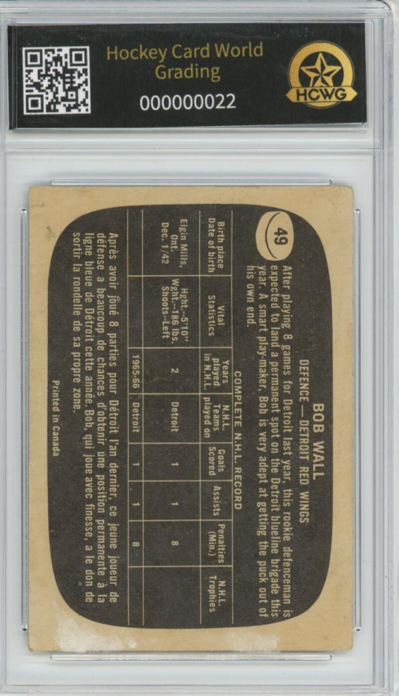1966-67 Topps #49 Bob Wall Rookie Hockey Card Vintage Graded HCWG 1 Image 2