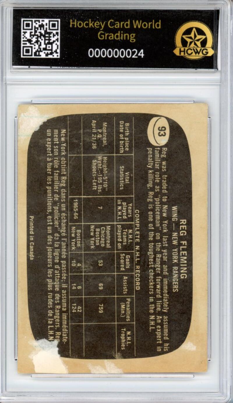 1966-67 Topps #93 Reg Fleming Hockey Card Vintage Graded HCWG 1 Image 2