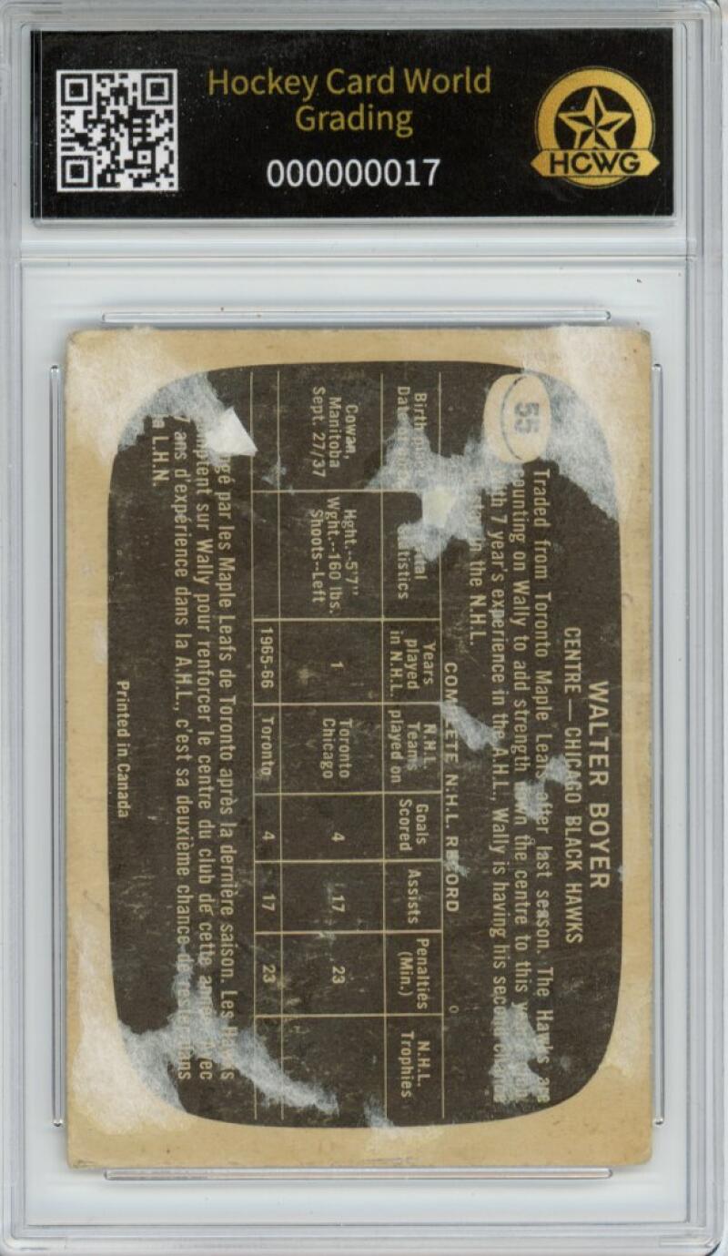 1966-67 Topps #55 Walter Boyer Hockey Card Vintage Graded HCWG 1 Image 2