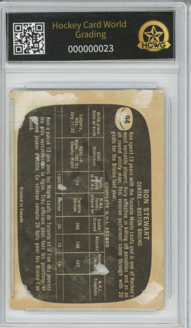 1966-67 Topps #94 Ron Stewart Hockey Card Vintage Graded HCWG 1 Image 2