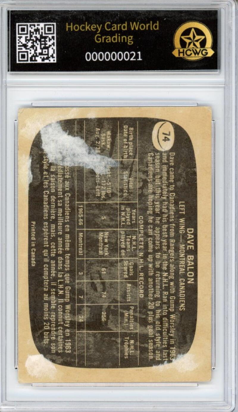 1966-67 Topps #74 Dave Balon Hockey Card Vintage Graded HCWG 1 Image 2