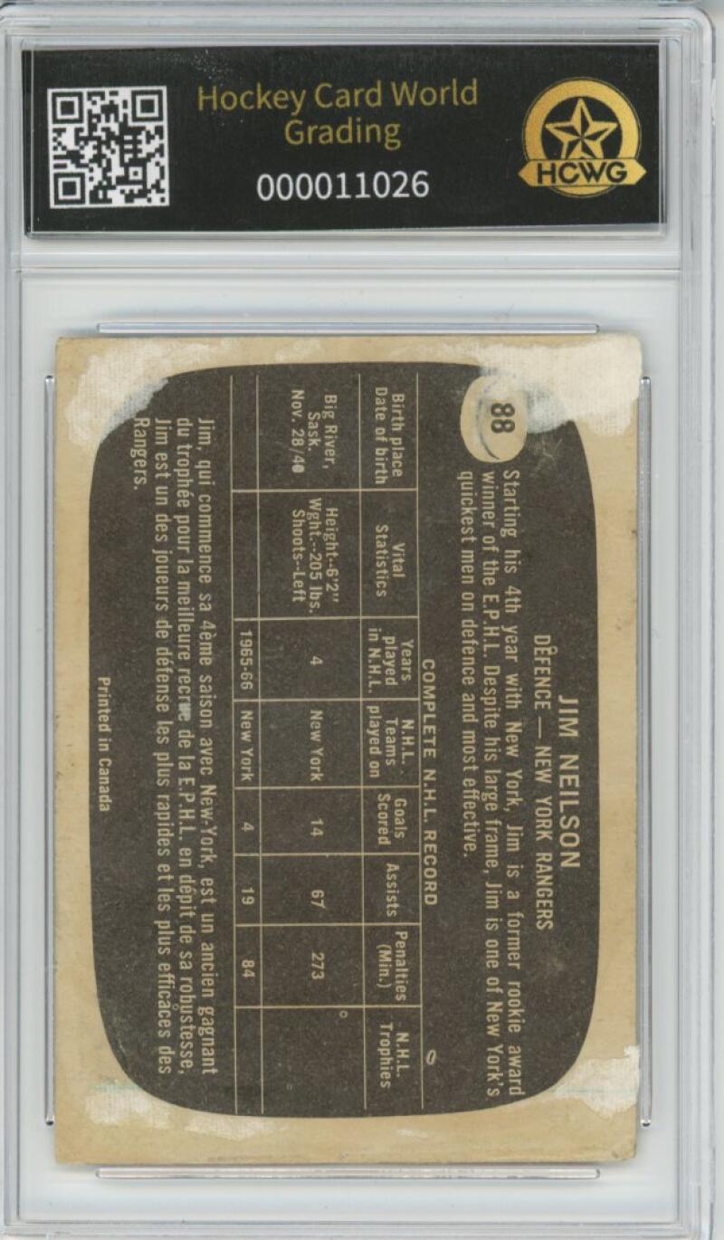 1966-67 Topps #88 Jim Neilson Hockey Card Vintage Graded HCWG 1 Image 2