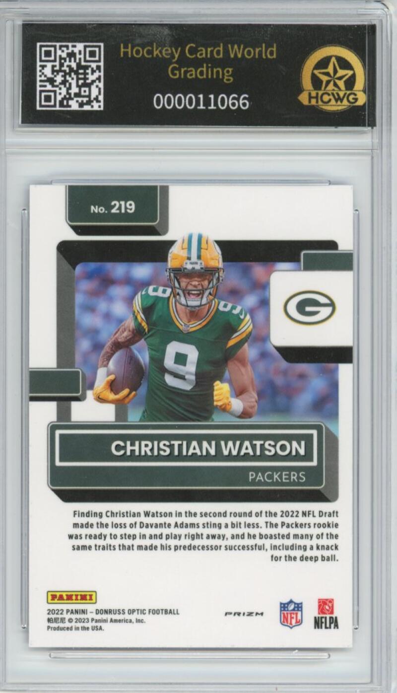 2022 Donruss Optic Purple Shock RR #219 Christian Watson Graded Football Mint HCWG 9 Image 2