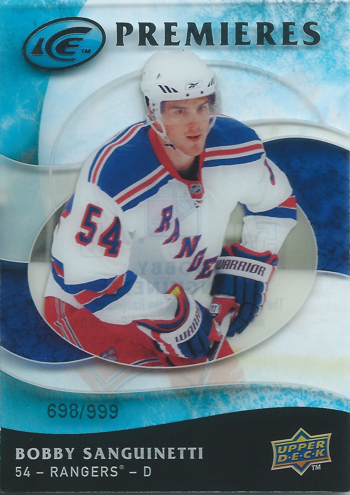 2009-10 UD Ice BOBBY SANGUINETTI RC #/999 Ice Premiers UD Rookie 00928 Image 1