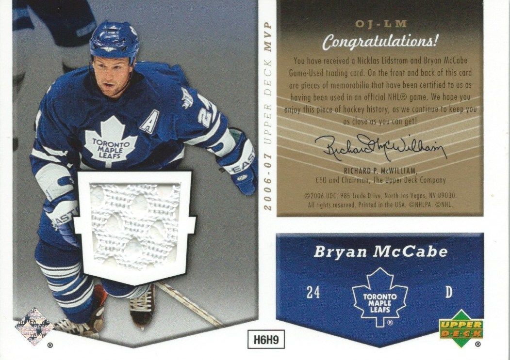 2006-07 Upper Deck MVP Jersey's LIDSTROM / McCABE Dual $25 UD 00772 Image 2