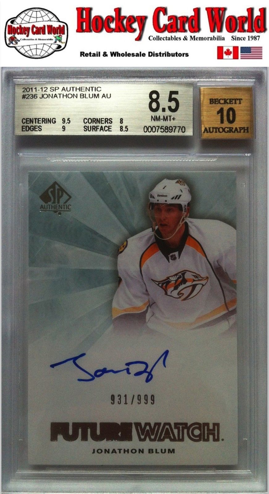 2011-12 SP Authentic JONATHAN BLUM Auto RC BGS 8.5 - 931/999 BGS 10 Auto Image 1