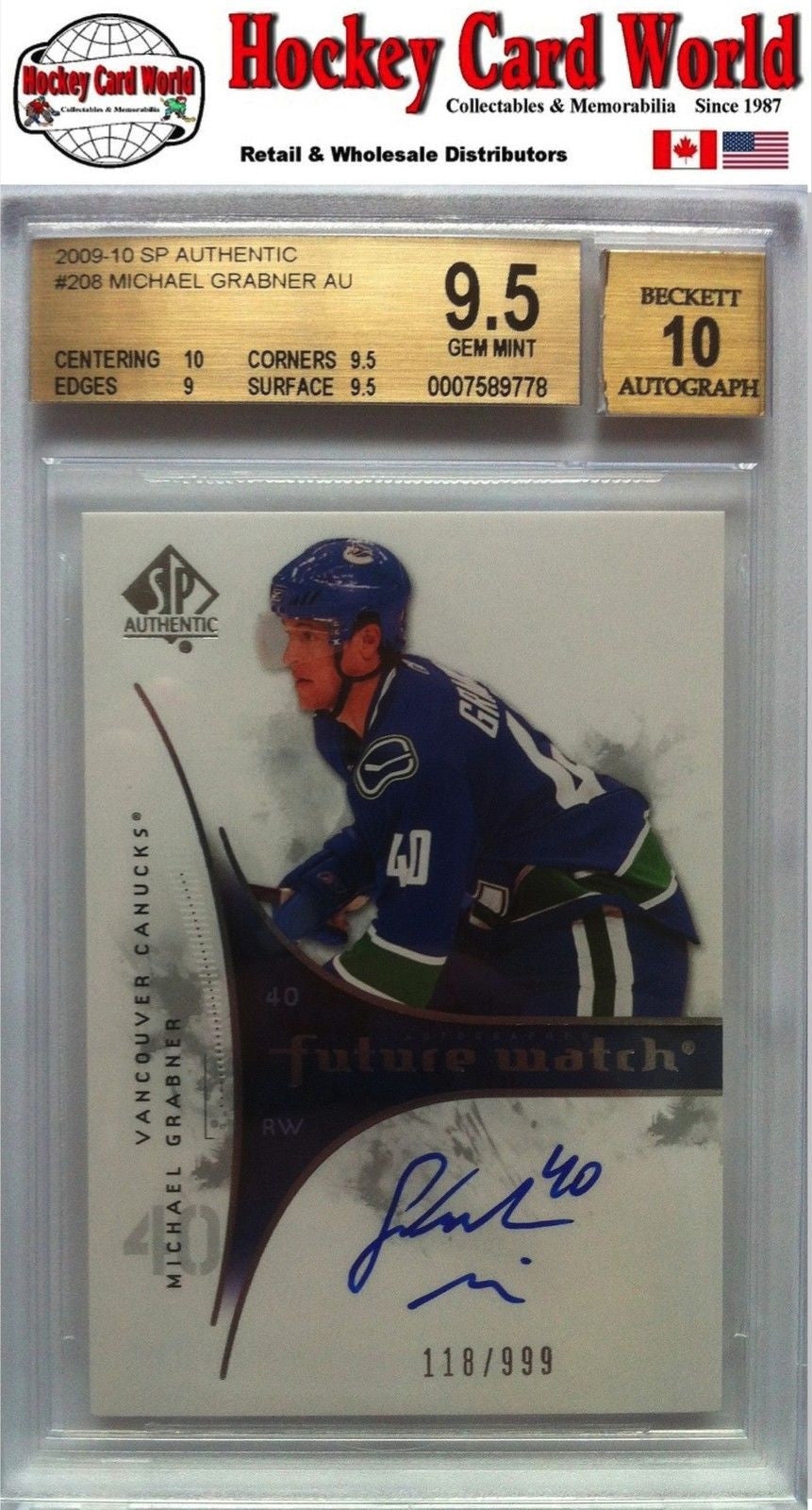 2009-10 SP Authentic MICHAEL GRABNER Auto RC BGS 9.5 - 118/999 BGS 10 Auto