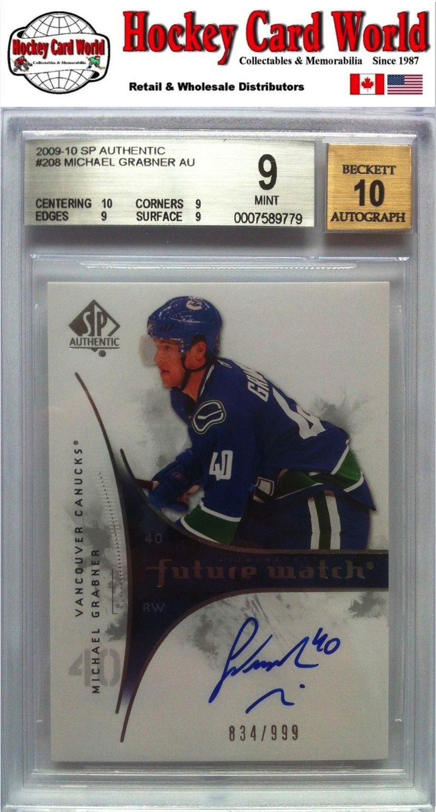 2009-10 SP Authentic MICHAEL GRABNER Auto RC BGS 9 - 834/999 BGS 10 Auto