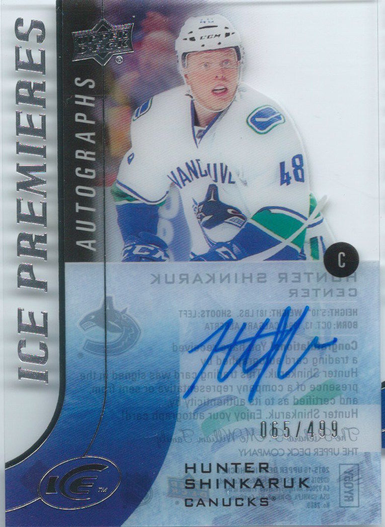 2015-16 Upper Deck Ice Premiers HUNTER SHINKARUK 65/499 Auto RC 02041 Image 1