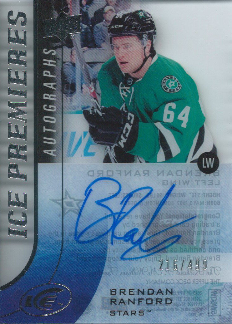 2015-16 Upper Deck Ice Premiers BRENDAN RANFORD 216/499 Auto RC 02043