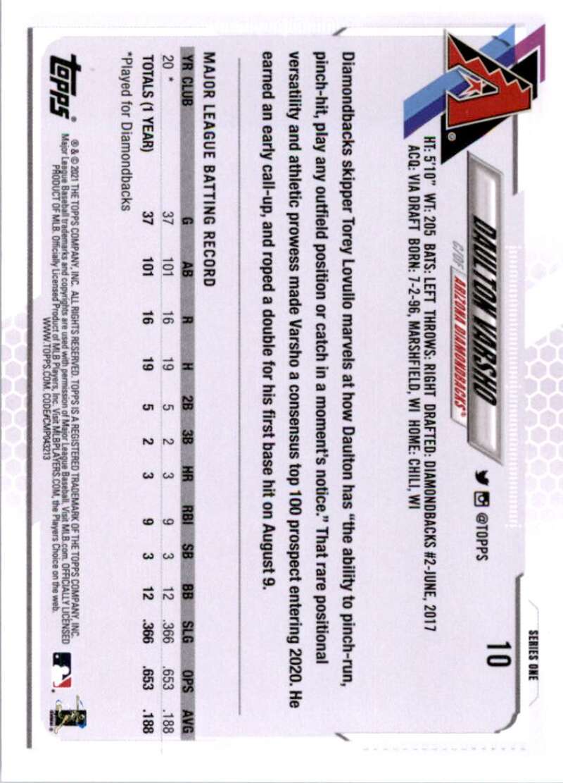 2021 Topps Baseball #10 Daulton Varsho RC Rookie Arizona Diamondbacks Image 2