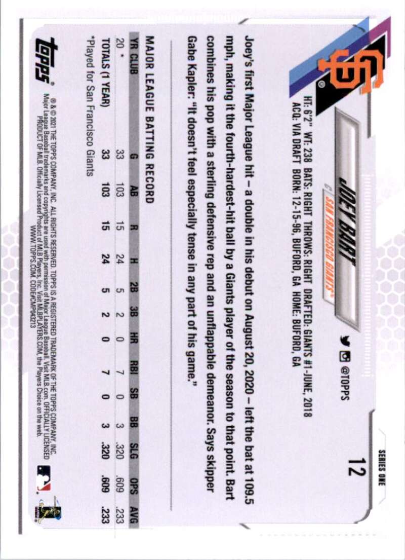 2021 Topps Baseball #12 Joey Bart RC Rookie San Francisco Giants Image 2
