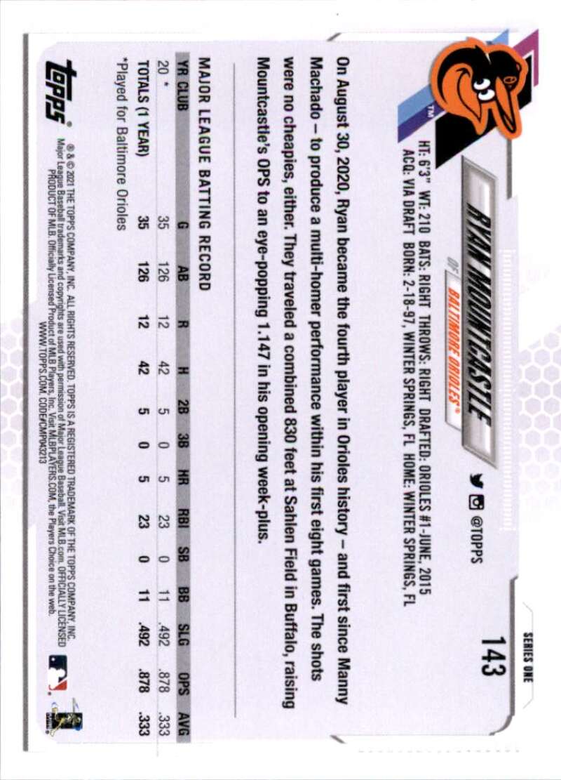 2021 Topps Baseball #143 Ryan Mountcastle RC Rookie Baltimore Orioles Image 2