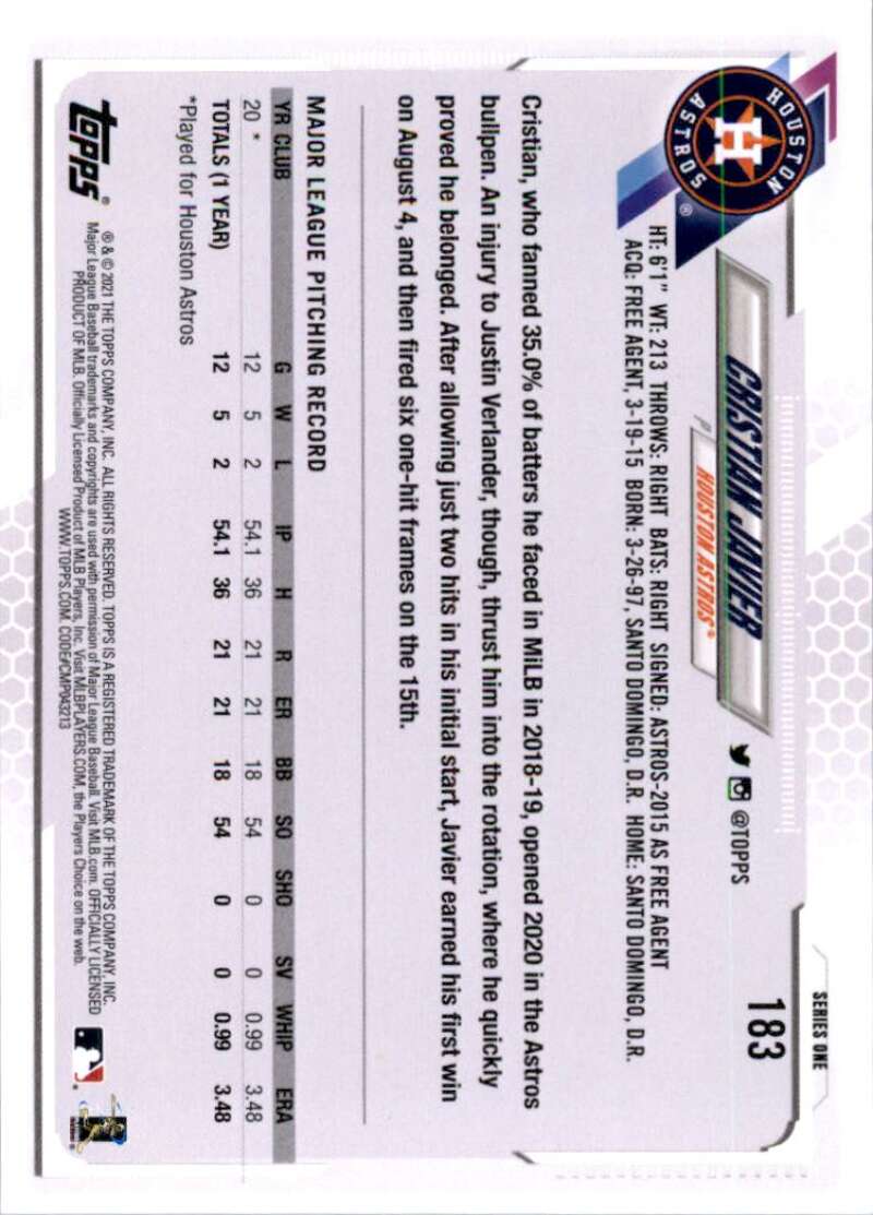 2021 Topps Baseball #183 Cristian Javier RC Rookie Houston Astros Image 2