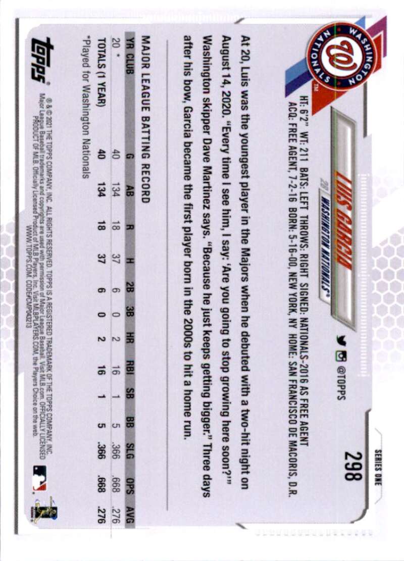 2021 Topps Baseball #298 Luis Garcia RC Rookie Washington Nationals Image 2